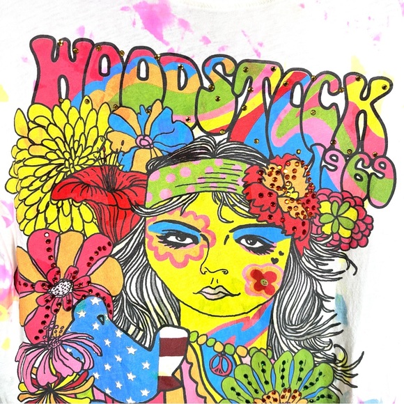 Awake Couture Woodstock Hippie Core Beaded Colorful T shirt Size Slim Large - Picture 2 of 10